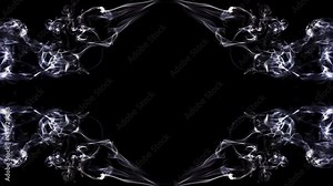 4k creative slow motion video of beautiful smoke texture with reflection and mirror effect as in a kaleidoscope isolated on black background. Beautiful flowing incense smoke in the form of a frame.