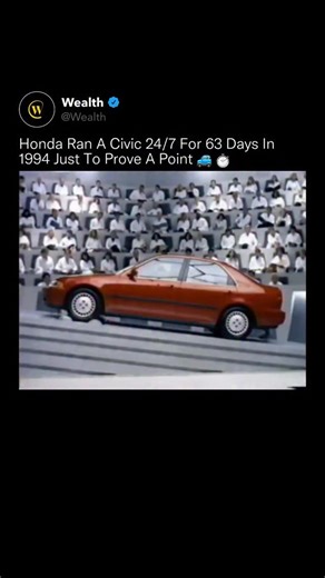 Wealth on Instagram: "Most brands talk about reliability. Honda turned it on and walked away. ⚙️🧠 In 1994, Honda placed a Civic on a test rig and ran it nonstop for 1,500 consecutive hours, operating 24 hours a day for 63 straight days without shutdowns, resets, or theatrics. The goal wasn’t drama. It was proof. Engineers monitored load, heat cycles, and sustained RPMs while the car ran continuously in public view, transforming durability from a claim into a measurable fact. At a time when auto