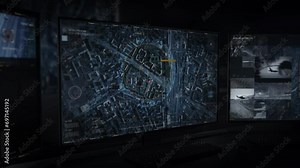 Scanning Map Of City In Interface Of Advanced Tracking Program. Surveillance Over Criminals In Digital Interface. Security Operations In Urban Area. Working In Actual user Interface. Locating Target.
