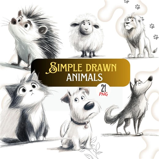 Simple Drawn Animals Clipart Bundle, Cute Hand Drawn Animal Sketches, Kids Illustration Set, Nursery Art, Cat Dog Fox Panda Deer Sketching - Etsy