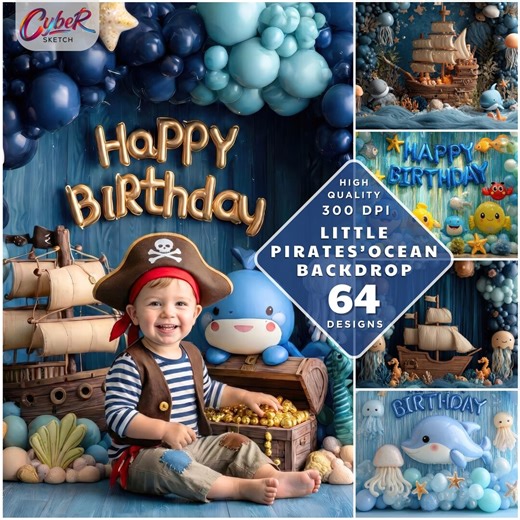 Pirate Birthday Backdrop Bundle, Ocean Cake Smash (digital Download, 64 Designs) - Etsy