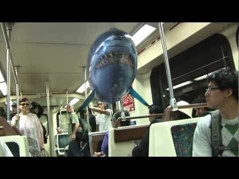 Great white flying shark takes the subway!