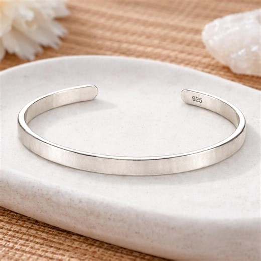 925 Sterling Silver Wide Cuff Bangle, Minimalist Handmade Adjustable Cuff Bangle - Etsy