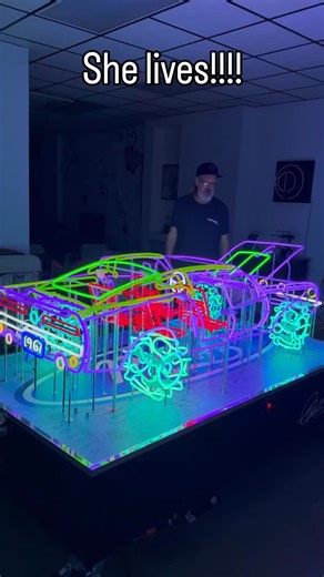 Kory Sherer on Instagram: "I’m proud to say that after a year the Mustang is done here is a video of the Mustang lit up. Thanks for watching everybody. 400 feet of neon glass or more turned into a Mustang. #neon #mustang #handmade #handmade #art #automotive #3d #shop #gallery #fun #purple"