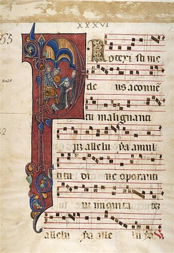 Why is Saint Peter Martyr's martyrdom hidden inside an ornate initial P, turning a liturgical page into a confession? Saint Peter Martyr stands in a Dominican habit, palm in hand, a dagger-wound marking his head. An assassin reaches toward Peter's temple, while the initial P frames the drama with gilded vines. The parchment leaf also carries a book and the Dominican scarf as signs of learned devotion. Blue and ochre color fields, along with careful line, assign heavenly meaning to the mortal mom
