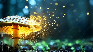 A mushroom releasing spores, the tiny particles floating into the air