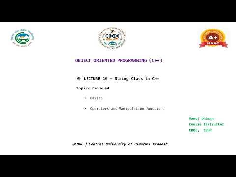 Unit 1 lecture 10 - String Class in C++