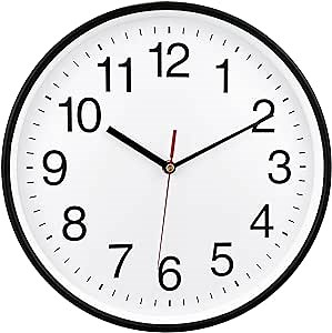Plumeet Silent Wall Clock - 12" Non Ticking Quartz Black Wall Clocks - Simple Design Wall Clocks for Living Room Decor, Battery Operated, Chrome