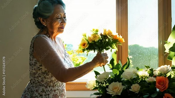 Graceful elderly asian woman arranging flowers in sunlit room, static video, three-point lighting
