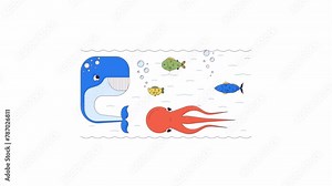Exploring deep sea creatures line 2D characters animation. Amazing undersea life flat color cartoon 4K video, alpha channel. Water animals and fishes animated personages on white background Stock Video
