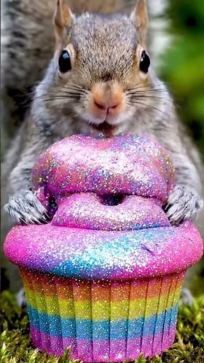 Cute Squirrel Plays With Rainbow Cupcake Slime 🌈🧁 | Satisfying Close-Up ASMR