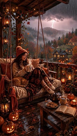 🎃 Cozy Rainy Halloween Porch | Relaxing Thunderstorm, Fall Ambience & Warm Coffee ☕🌧️