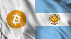 Horizontal waving Argentina and Bitcoin Combined Flag video background. Realistic Slow Motion Animation. 4K Loop Motion Graphics. Bitcoin as Legal Tender, South America crypto market Concept