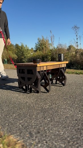 Concept Bytes on Instagram: "Coffee table stretching its legs! #engineering #woodworker #3dprinting If you want to make one yourself comment “files” below and I’ll send you the files to 3d print or laser cut your own. Walking coffee table! Credit: Gilliam de Carpentier for creating the carpentopod linkage design"