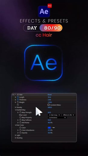 Day 80/90 – CC Hair Effect 🦋 Today is Day 80 of our 90 Days After Effects Challenge, and we’re exploring CC Hair, a stylized effect that creates animated hair-like strands — perfect for abstract motion, energy lines, and creative visual textures. ✨ What is CC Hair? CC Hair generates flowing strands that move like hair or fibers. Great for fantasy visuals, organic motion backgrounds, and artistic motion graphics. ✨ How to Use: - Select layer → Effect → Simulation → CC Hair Adjust: - Hair Length 