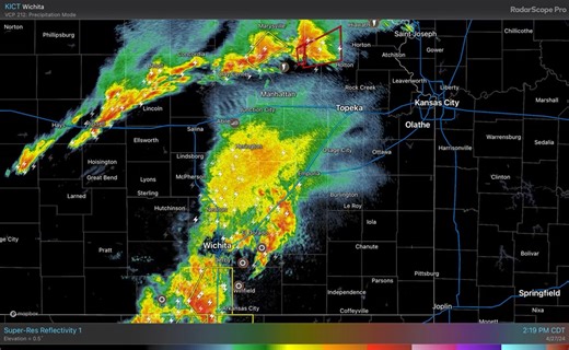 Here is an overview at the latest radar for the sunflower state We got two areas of storms over north central/northeast kansas that have ongoing radar indicated tornado warnings near Holton and a few severe thunderstorm warnings as well for Blue Rapids kansas in southwestern Marshall county that is capable of dropping 1.25 inch hail and 60 mph wind gusts South central kansas we have eyes on you, there remains a tornado watch for portions of central, south central, and eastern and parts of southe