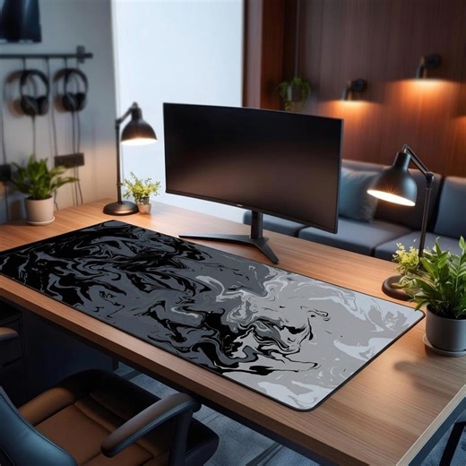 Black Grey Marble Ink Desk Mat, Modern Liquid Smoke XL Mousepad, Office Decor - Etsy