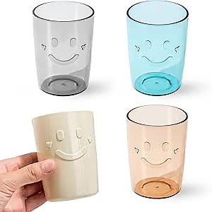 4Pcs Bathroom Tumbler Toothbrush Cups, Smiley Unbreakable Toothbrush Holders, Reusable Drinking Cups Plastic Mouthwash Cup Bathroom Brushing Cup 300ml (4 Colors), Beige, Blue, Gray, Brown