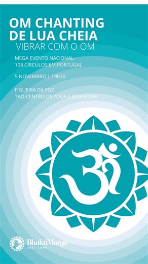 Olá a todos 😀venham participar no grande desafio nacional OM Chanting, dia 5 de Novembro às 19h30 no Tao Centro de Yoga e Bem-Estar na Figueira da Foz. 🕉️ Vai ser dia de Lua Cheia 🌕A Lua Cheia é perfeita para expansão, purificação e cura, e juntos podemos criar algo realmente especial. Vamos criar uma onda vibracional que atravesse fronteiras, levando paz e luz ao mundo. Vão ser 108 círculos de OM Chanting, em simultâneo por todo o país! 🎉🧘💖 Vem experienciar que vais gostar! 😉 #omchanting