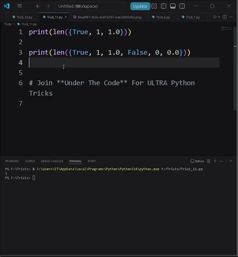 🤯({True,1,1.0}) In Python #coding #programming #python #pythontricks #learnpython #education #vscode