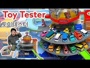 꼬마버스 타요 컨트롤 주차타워에 타요 장난감 자동차를 주차해요.