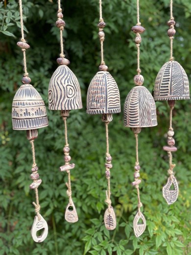 Pottery / Ceramic Bell, Hand Carved and Oxide Wind Chime, Earthy and Natural Clay. Garden Art - Etsy