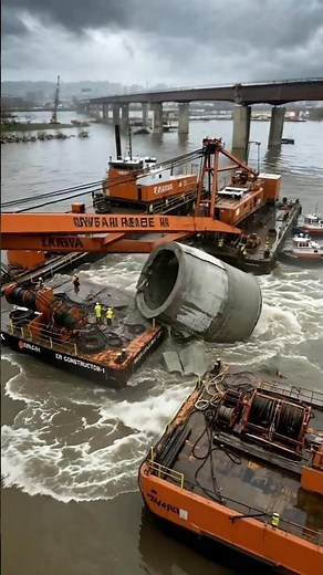 Massive Crane vs. Raging River: Dangerous Bridge Pier Installation