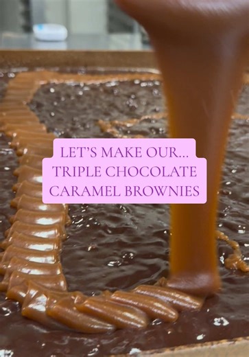 This is how we make our Triple Chocolate Caramel Brownies 🤎 Rich chocolate, gooey caramel made from scratch and topped with flaky sea salt. The most decadent Valentine’s treat! For your partner, your bestie, or yourself. #caramel #brownies #flakeysalt #howitsmade