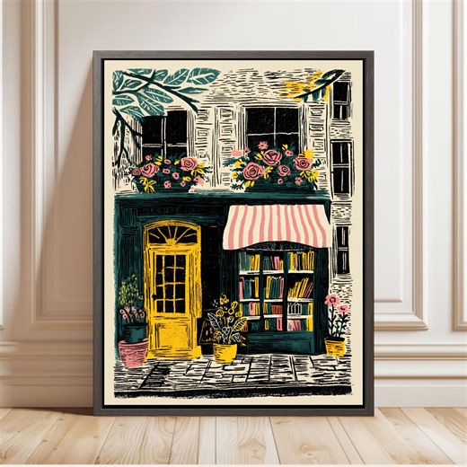 Naive Folk Storefront Wall Art European Bookshop Illustration Print - Etsy