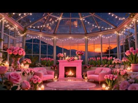 🌙 cozy pink mountain greenhouse… harp music & fireplace ambience