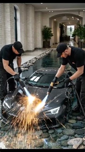 Luxury Corridor with a Hallow Indoor Water feature, river Stones, and a Submerged Supercar