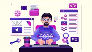 Web development work, programmer techniques and website coding on augmented reality interface screen. 3d vector animation with moving elements