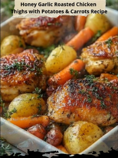 Honey Garlic Roasted Chicken Thighs with Potatoes & Carrots One pan, no fuss — juicy chicken with crispy skin, tender veggies, and sticky garlic-herb glaze. Perfect for weeknights and Sunday dinners. 📝 Ingredients (Serves 4) 6 bone-in chicken thighs, skin on 1 lb baby potatoes (yellow or red), halved 2 cups baby carrots 3 tbsp olive oil 1 tbsp dried Italian seasoning Salt & black pepper, to taste Fresh thyme, for garnish ⭐ Honey Garlic Sauce 1/4 cup honey 2 tbsp soy sauce 4 cloves garlic, mince