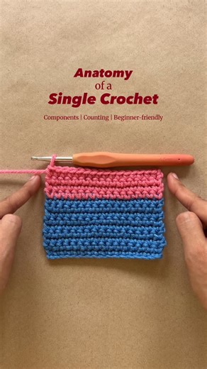 Aishwarya Deepak | Crocheter • Content Creator • Educator on Instagram: "Details below! ⬇️ Know your stitches!🧶 It is important to know what a stitch looks like and its different components. This makes it easier to understand other techniques and stitches like picot, counting stitches etc. 🌸 🧶A single crochet (sc) has two parts: 🌻Post: The vertical pillar of a sc stitch. 🌻The Chain: that sits on top of the post of each sc stitch. It looks like a >. The front loop is the loop or line of the