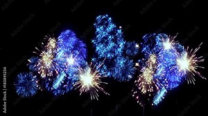 blue fireworks as background for holidays like New Year, Christmas or other holydays. Beautiful firecrackers show are isolated on black and ready for compositing. 3d animation pyrotechnic light show.6