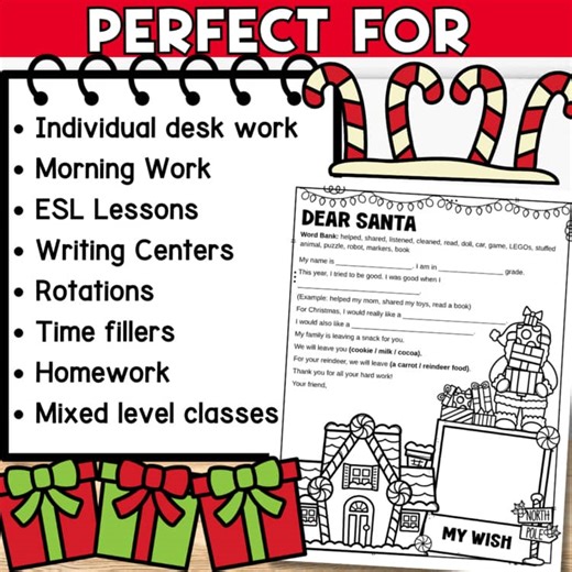 ESL Christmas Santa Letters-Differentiated Holiday Writing Drawing Activity