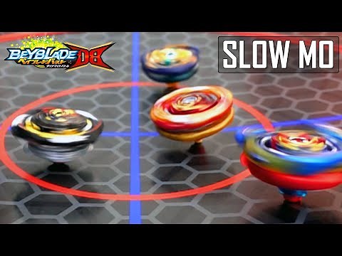 BELL VS SHU VS VALT VS FREE! Beyblade Burst DB in Slow Motion! Slow Motion Beyblade Battle Royale!