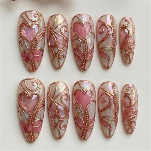 Rose Gold Cathedral Heart Press on Nails | 3D Wirework Fairycore Nail Art - Etsy