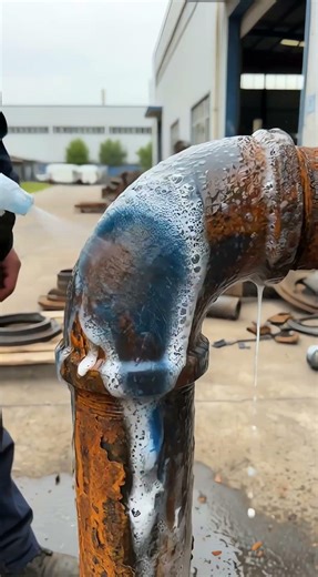 Hand spraying rusted pipe elbow realesrgan