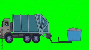 Garbage truck picks up trash from a trash can, 2D green screen animation