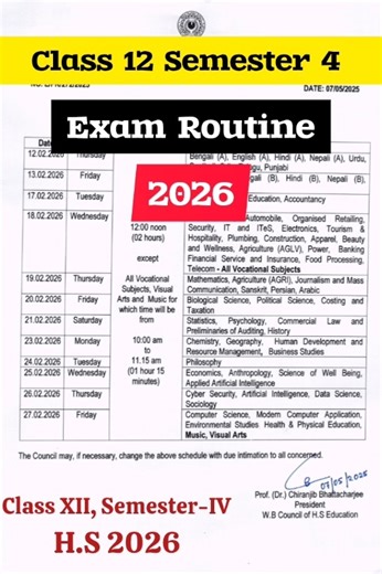 Class 12 Semester 4 Exam Routine 2026. HS Semester 4 Routine 2026.