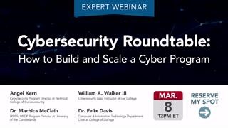 On Wednesday March 8th at 12PM ET, join us for a Cybersecurity Roundtable expert webinar event on "How to Build and Scale a Cyber Program", led by a panel of four program directors and chairs (Angel Kern, William A. Walker III, Dr. Machica McClain, and Dr. Felix Davis) who will share their successes and challenges with starting, running, and scaling cybersecurity education programs. Register now to learn from industry colleagues on topics from overcoming internal roadblocks to ensuring students 