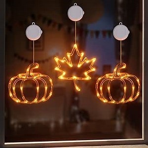 Fall Decor Lighted Window Decoration, 3 Pack Thanksgiving Maple Leaves & Pumpkin Lights, Battery Operated LED Fall Decorations for Home Autumn Thanksgiving Harvest Party Decorations