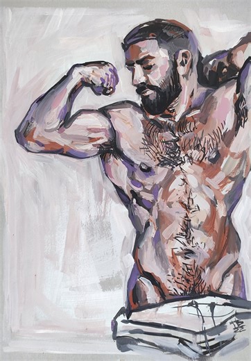 Male Nude Gouache Painting | Erotic Muscle Man Art (40x28 Cm) - Etsy