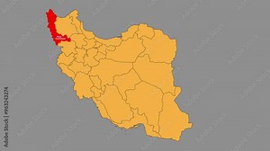 West Azerbaijan map animated video. Map Highlighted on the Iran map with animation and colour with Gray background in video format.