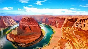Scenic landscape showing the colorado river flowing around the horseshoe bend rock formation, with canyons and a beautiful blue sky with clouds