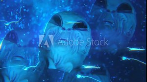 Kaleidoscope effect video of mysterious alien standing under strobe ufo light and looking around during snowy night. View from below