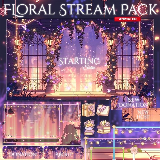 Floral Twitch Overlay Pack, Animated Stream Screens, Cozy Garden Stream, Starting Soon, Vtuber Overlay, Cute Aesthetic, Fairy Lights - Etsy