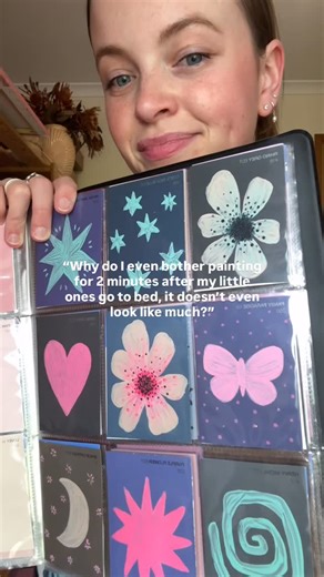 Jess ✶ Artist & Surface Pattern Designer on Instagram: "It truely does add up! ✨ What started as little paintings on paint swatch cards, turned into patterns 🌀 It’s your reminder that you don’t need endless time to create. You just need to show up in the little moments you do have. #creativty #australianartist #artist #artistmum #paintings"