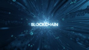 4K animation. The word blockchain illuminated and glowing on a futuristic animated background.